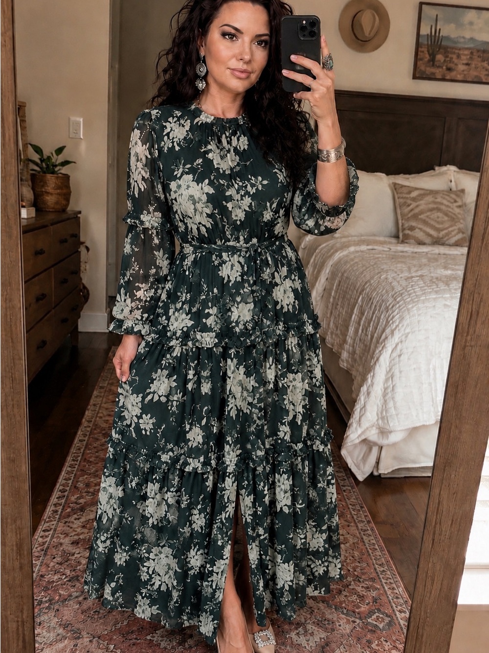 Ivy City Co Dark Green and Cream Floral Tiered Maxi Dress